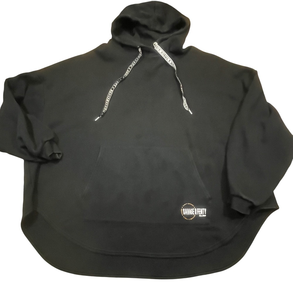 Savage X Fenty Womens Oversized Hoodie Black Logo Drawstring High Low Hem Medium